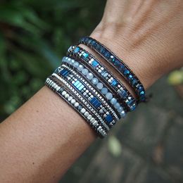 Bedelarmbanden mannen en vrouwen 4 mm kraalblauw verstelbare Boheemse kristallen genezing wrap statement armband 230814