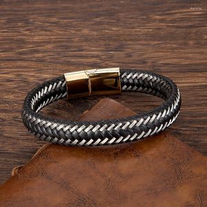 Pulseras con dijes Joyería de moda para hombres Pulsera de cuerda de cuero trenzado de acero inoxidable Accesorios punk Brazaletes de cierre magnético negro al por mayor