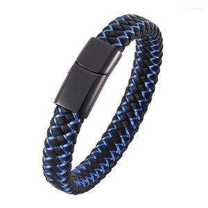 Charme Bracelets Hommes Bijoux De Mode Noir Bleu Bracelet En Cuir Tressé Pour Fermoir Magnétique En Acier Inoxydable Mâle Bande De Poignet Cadeaux C00021 Inte