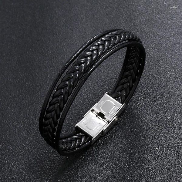 Bracelets de charme Hommes PU Bracelet en cuir rétro Viking en acier inoxydable Braclet tissé à la main multicouche Wrap Braslet bracelet pour lui bijoux