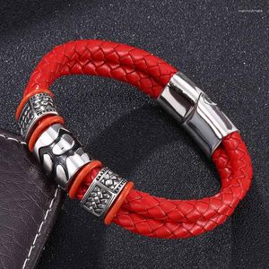 Bracelets de charme Accessoires pour hommes Bracelet en cuir tressé rouge Bijoux pour hommes Bracelet de fête en acier inoxydable à la mode Fermoirs magnétiques FR0101