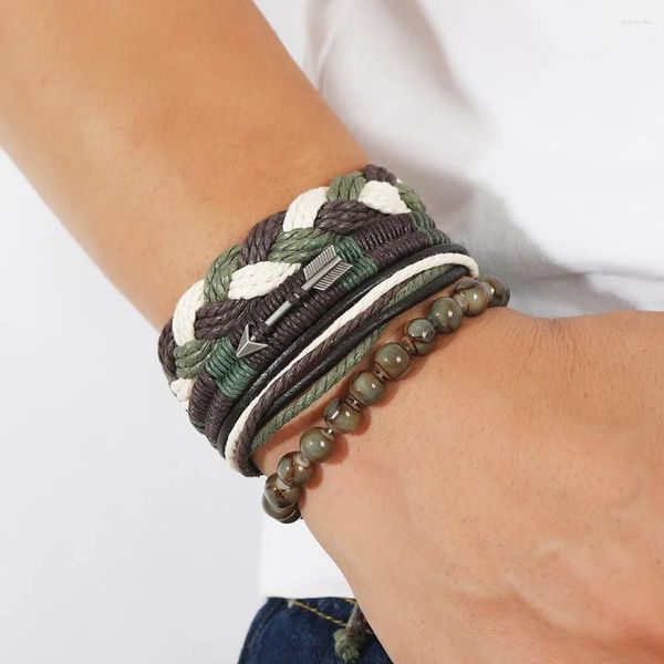 Pulseras de encanto Moda para hombre Pulsera de cuero DIY Venta Retro 4pcs / Set Set Bohemio Hecho a mano con cuentas de punto