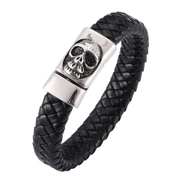 Pulseras de dijes Pulsera de acero de titanio de cuero genuino para hombres con hebilla de imán de calavera Acero inoxidable al por mayor a granel