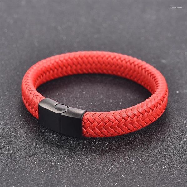 Bracelets porte-bonheur Bracelet en cuir pour hommes Rouge Inoxydable Tache Fermoir magnétique Bracelets de mode 18.5/22/20.5cm Raym22