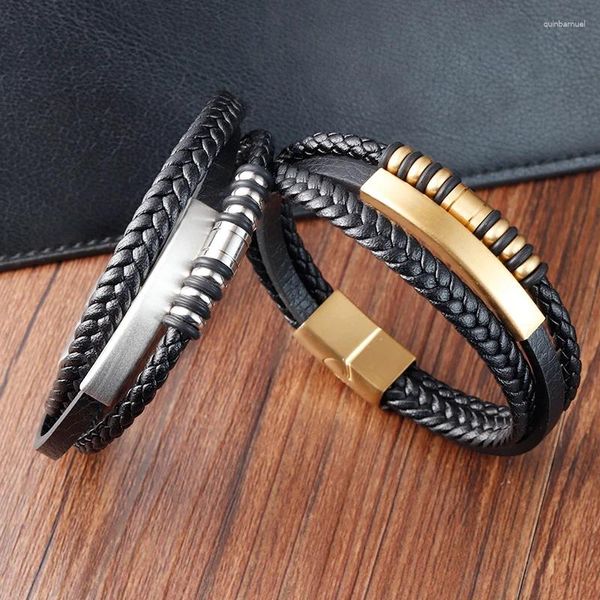 Bracelets de charme Bracelet tressé en cuir pour hommes, boucle magnétique en acier inoxydable, bracelets multicouches faits à la main, rétro simples, vente en gros