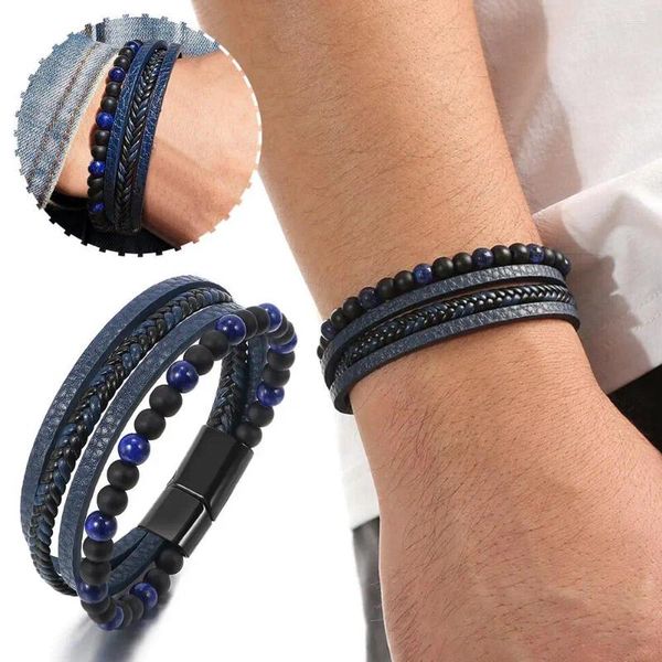 Pulseras de encanto Hombres Multi-capa Cuero Obsidiana Pulsera Tejida Hebilla Regalos Joyería Única Moda Magnética O3Z8