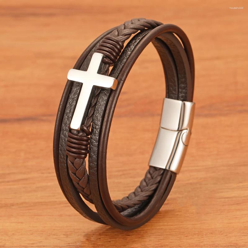 Charme pulseiras masculinas tecido café colorido multi-camada corda de couro pulseira cruzada