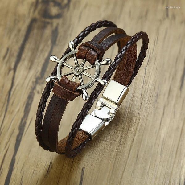 Pulseras de encanto Hombres Marinero Timón Pulsera de cuero multicapa para brazaletes náuticos Brackelts Brazalet Vintage Helmsman Crew Jewelry