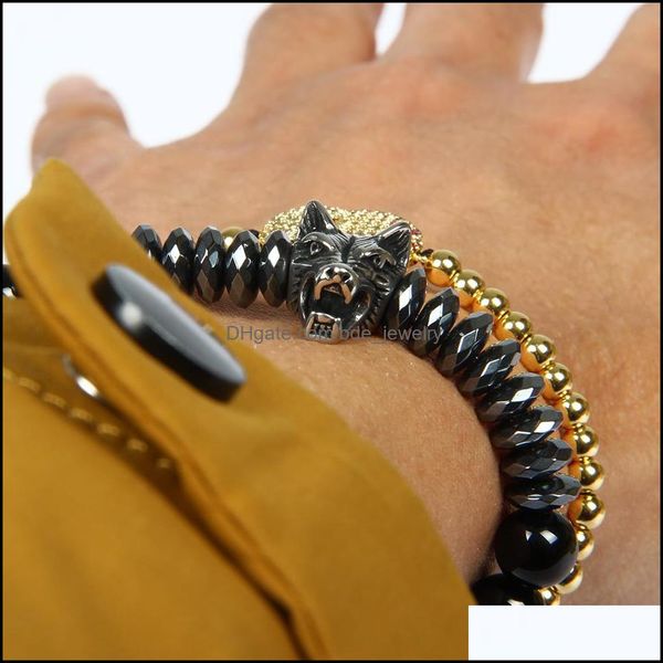 Charme Armbänder Männer Sier Armband Armreifen Großhandel 10 teile/los Edelstahl Wolf Armbänder mit 8mm Stein Perlen Perlen Schmuck für Dhl70