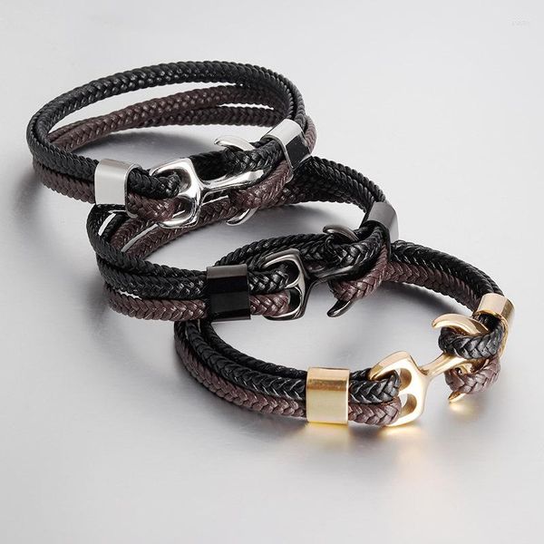 Bracelets porte-bonheur hommes acier inoxydable ancre tressé cuir corde Bracelet multi-couche Wrap à la mode brassard Pulsera Hombre
