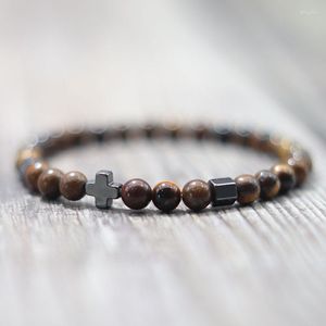 Bracelets porte-bonheur hommes femmes Bracelet de prière mode hématite croix Braclet 6mm naturel oeil de tigre pierre perlée Braslet jésus Yoga bijoux