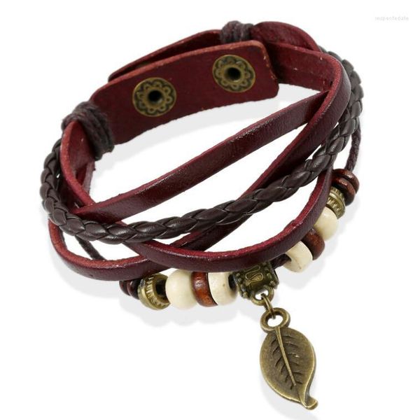 Charm Bracelets Hommes Femmes Vintage Charms Bracelet Feuille Perles Multicouche Tressé En Cuir Cordons De Cire Rétro Bracelet Bracelets Mode Unisexe