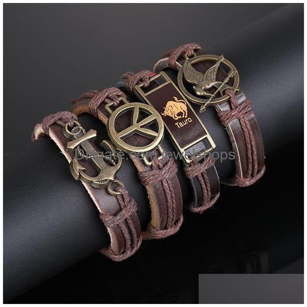 Bracelets de charme Bracelets d'ancrage pour hommes Charms Bracelet en cuir marron tressé Animal Mode Homme Bijoux à la main réglable en bronze tissé Dha0D