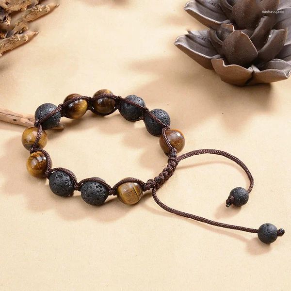 Bracelets de charme Bracelet pour hommes réglable avec pierre d'oeil de tigre de 12 mm et perle de lave cadeau idéal pour les couples
