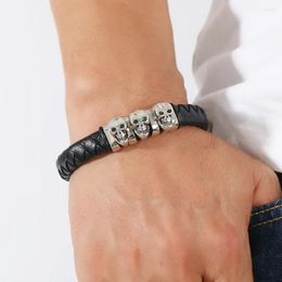 Bracelets de charme Bracelet pour hommes Mode Tissé Boucle Magnétique En Acier Inoxydable Pour Hommes Hip Hop Crâne Rétro Cuir Microfibre