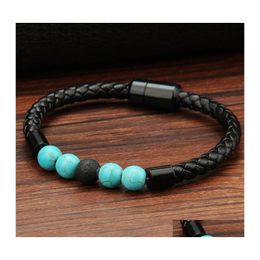 Pulseras con dijes para hombre Cuero genuino Lava Rock Soportes de cuentas para mujeres Turquesa natural Difusor de aceite esencial Piedra Magnética Buckl OTSP2