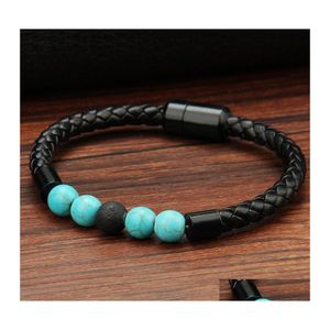 Bracelets porte-bonheur pour hommes en cuir véritable Lava Rock Perles Supports pour femmes Naturel Turquoise Huile Essentielle Diffuseur Pierre Magnétique Buckl Otsp2