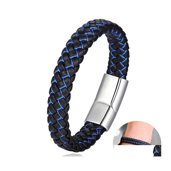 Pulseras con dijes para hombre de moda de cuero genuino Mtilayer azul negro trenzado cuerda hecha a mano de acero inoxidable hebilla Wrap brazalete Diy joyería Otb8P