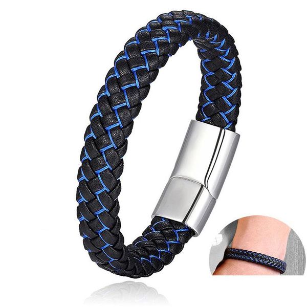 Bracelets De Charme Hommes À La Mode En Cuir Véritable Mtilayer Bleu Noir Corde Tressée À La Main En Acier Inoxydable Boucle Wrap Bracelet Diy Bijoux D Dhpki