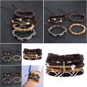 Charm Bracelets Mens Vintage Bracelet Set Ajustable Mitlayer Wrap Trenzado Cross Leather Wristband Bangle Cuff Para Hombres Hip Hop Jewel Dhtw1
