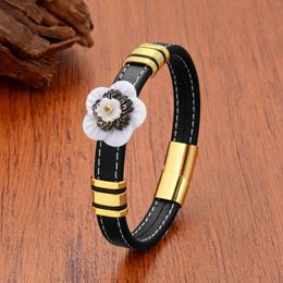 Pulseras con dijes MHIKN, pulsera de flores de concha Natural Bohemia para mujer, diseño hecho a mano, brazaletes de cuero negro, joyería de moda para hombre