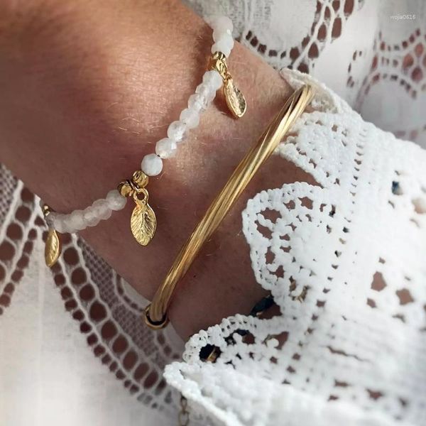Bracelets porte-bonheur Minar Boho Bracelet perlé en pierre naturelle blanche pour femme Plaqué or 18 carats Feuilles en acier inoxydable Gland Bijoux