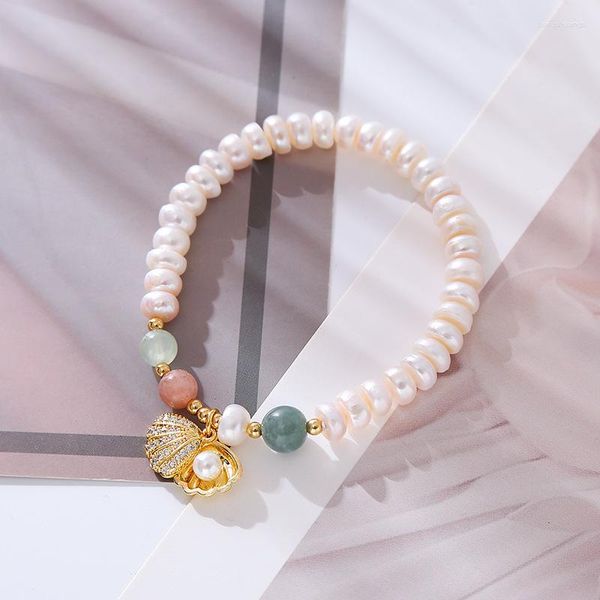Bracelets de charme Minar Chic 14K plaqué or cuivre brillant CZ Zircon pierre naturelle coquille perle d'eau douce perlée pour les femmes cadeau
