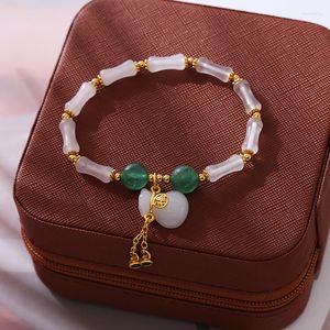 Pulseras de encanto Minar Estilo chino 14K Chapado en oro Latón Color verde Piedra natural Jade Bambú Junta Bolsa de suerte para regalo de mujer