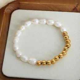 Braccialetti con ciondoli Minar Elegante braccialetto con perline d'acqua dolce naturale per donna Ragazza Perline in acciaio inossidabile placcato oro 18 carati PVD
