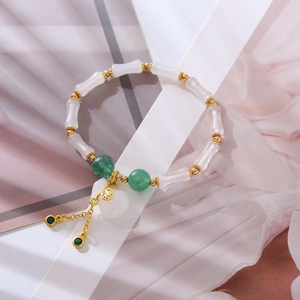 Bracelets de charme Minar Ethnique 14K Plaqué Or Cuivre Vert Couleur Pierre Naturelle Jade Bambou Joint Sac Chanceux Pendentif Pour Femmes Dame