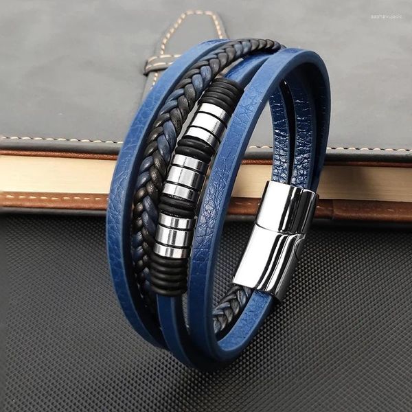 Bracelets de charme Mingao tressé corde tissée pour hommes multicouche en cuir en acier inoxydable fermoir punk bracelet ami bijoux en gros