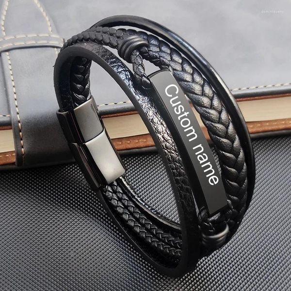 Bracelets de charme Mingao gratuit personnalisé luxe noir en acier inoxydable nom de famille ID pour hommes tressé en cuir corde chaîne bracelet bijoux