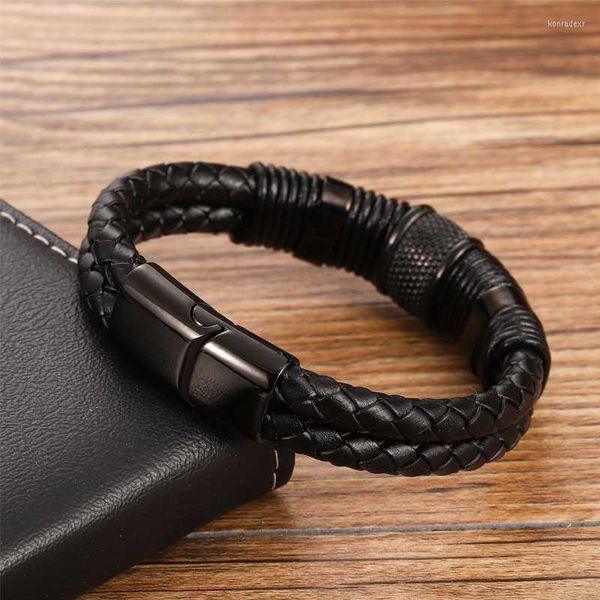 Pulseras con dijes MingAo de acero inoxidable Charkra negro magnético para hombres brazaletes de tenis de cuero accesorios de joyería amigos