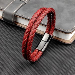 Bedelarmbanden mingao trendy mannelijke manchet eenvoudige retro rood dubbele lederen touw armband met 316L roestvrijstalen magneet clasp heren juwelier