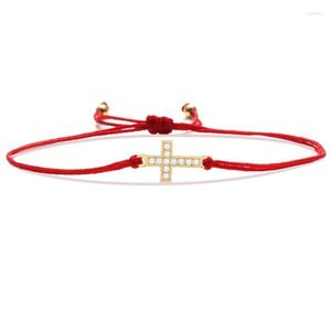 Bedelarmbanden mini koper kruis CZ Crystal Silk Thread gevlochten vrouwen mannen hoge kwaliteit zwart roze rode snaar kleine zirkoon sieraden haar fawn22