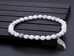 Bracelets de charme Minimaliste 8 mm Natural White Turquoise Bracelet Bracelet Perles de pendentif d'aile ange