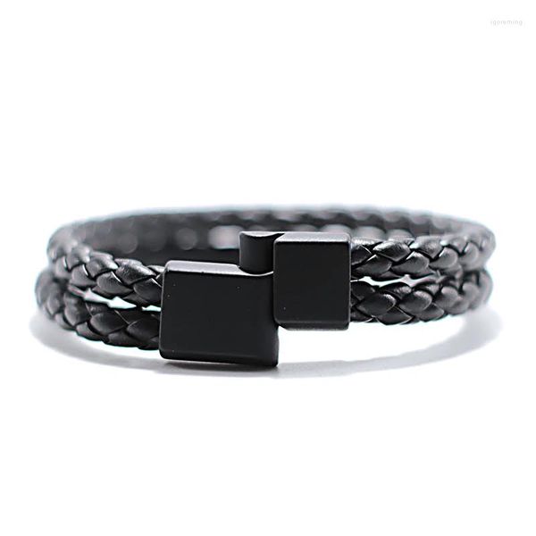 Bracelets de charme Bracelet en cuir tressé minimaliste pour hommes, tissé à la main, 2 couches, corde de 5mm, boucle magnétique noire, bijoux