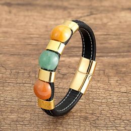 Bracelets porte-bonheur mélange couleur perles rondes en pierre hommes femmes en acier inoxydable cuir corde bracelets bijoux naturels en gros