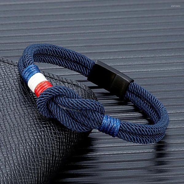 Bracelets de charme MKENDN Noir En Acier Inoxydable Carré Noeud Corde Bracelet Hommes Femmes Tissé À La Main Double Couche Conception France Drapeau Couple