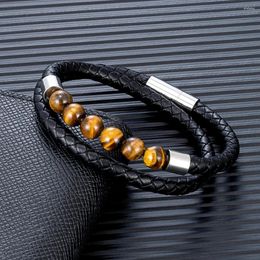 Bracelets de charme Mkendn Fashion Mens Double Strand Bead en cuir Natural Tiger Tiger Eye Steel
