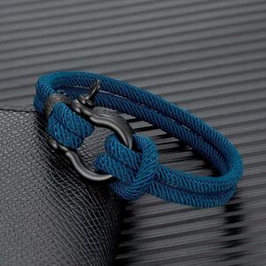 Bracelets de charme Mkendn Men Femmes Navy Blue marine Sailor Rope Nautical Survival Bracelet Bracelet en acier inoxydable noir Hooks Sport en métal Y240510