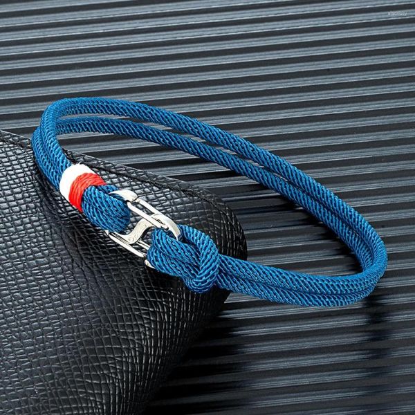 Bracelets de charme MKENDN Bleu Marine Tressé Corde Bracelet En Acier Inoxydable Double Poussoir Mousqueton Fermoir Survie Pour Hommes Femmes Couple Cadeaux