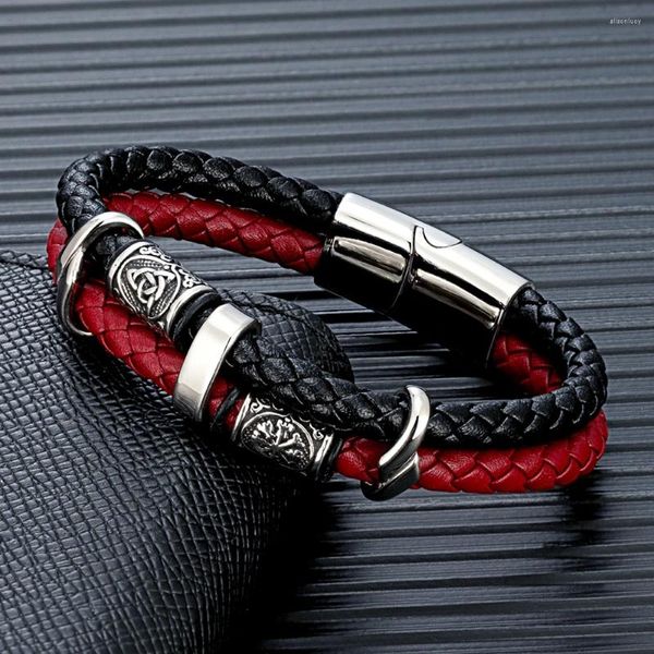 Bracelets Charm Mkendn Punk Viking Estilo de acero inoxidable Runas nórdicas Runas Amuleto Amuleto trenzado Pulsera de cuero multicapa trenzada Homme Pulseras