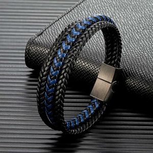 Bracelets de charme Mkendn Men de style simple Bracelet en cuir bleu noir multicouche