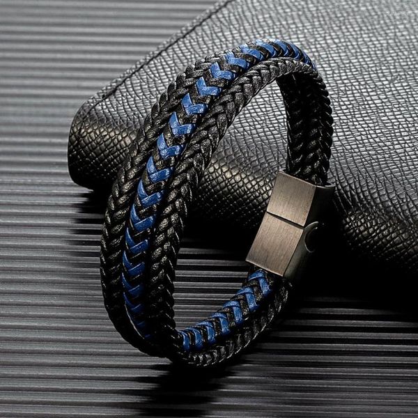 Bracelets de charme MKENDN Simple Style Hommes Multicouche Noir Bleu Bracelet En Cuir Mat En Acier Inoxydable Boucle Accessoires Bijoux Tissés À La Main