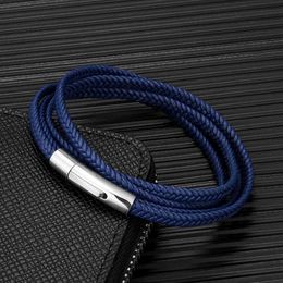 Bracelets de charme Mkendn Style Simple Men Femmes Multi-couche Braid Rope Cuir Bracelet en acier inoxydable Accessoires Bouton Handmadejewelry Y240510