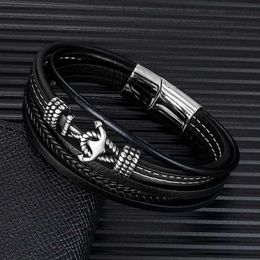 Bracelets Charm Mkendn Summer Navy Style Men Anchor Bracelet Hetmade Multicape de cuero multicapa para mujeres Hebilla de acero inoxidable Y240510