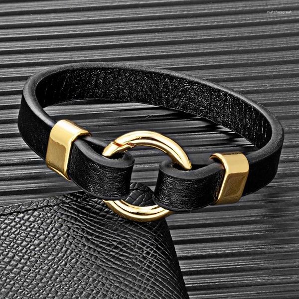 Pulseras de encanto MKENDN Trendy Punk Hombres Mujeres Negro / Oro Color Redondo Primavera Cierre Pulsera de cuero Brazalete Pulsera Pareja Joyería