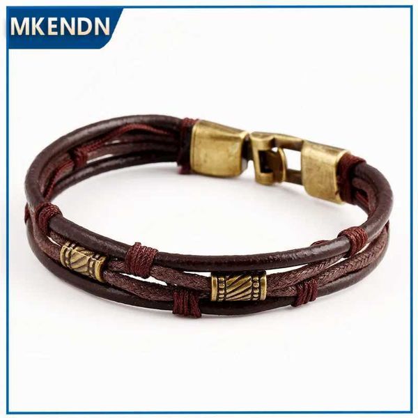 Bracelets de charme Mkendn Wholesale Vintage Fashion Multi-couches Généralités en cuir Bracelets Easy Hook Link Chain Hommes Femmes Bijoux Y240510