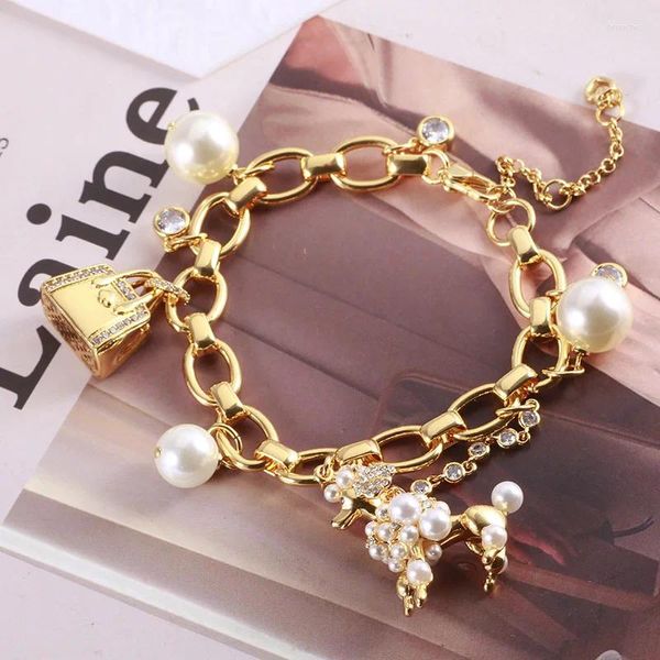 Pulseras con dijes Adorno de moda Esmalte Esmalte Lindo Bolso 3D Perro Perla Cadena Pulsera Multi-colgante